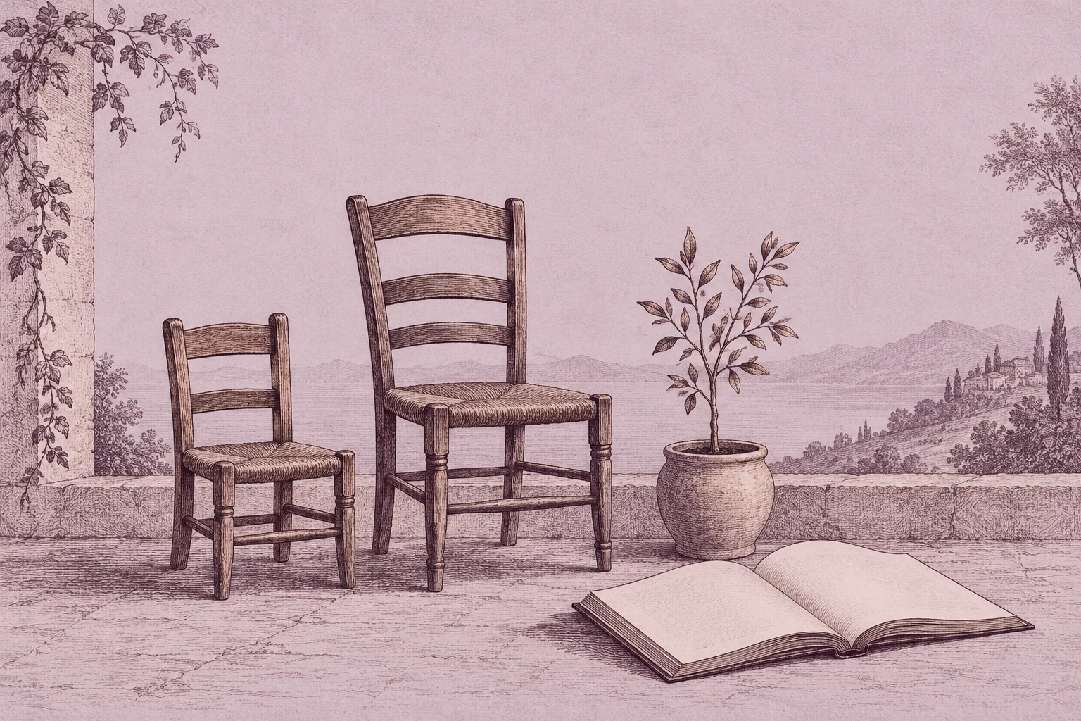 An engraving of two differently sized empty chairs, a blank journal and a sapling.