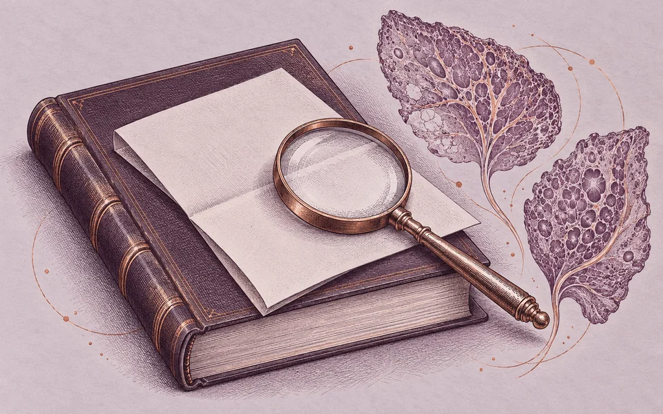 A fine engraving of a research volume, blank worksheet and magnifier frames a hormone and liver study.