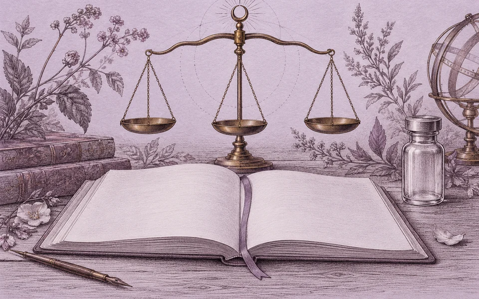 An engraved blank notebook and symbolic three-pan balance represent coordinated hormone reassessment.