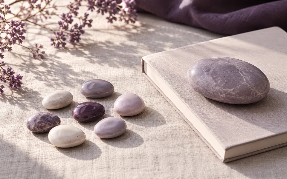 Seven small ceramic stones beside one larger stone symbolize different study schedules.